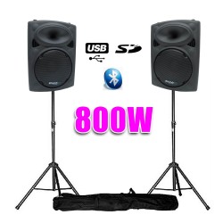 Enceintes amplifiées 10" 25cm 800W USB/BT + pieds