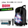 Mobile speaker audio 800W 15 "LED / USB / BT / SD / FM + Wireless Mics / fascia PARTY15