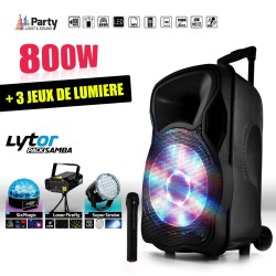Enceinte mobile active 800W 15" LED/USB/BT/SD/FM + Micro + 3 jeux de lumière LytOr