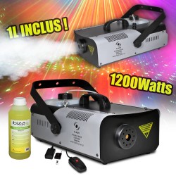 máquina de humo 1200W capacidad 2L + controles remotos pinza + líquido 1L FLASH FLM1200