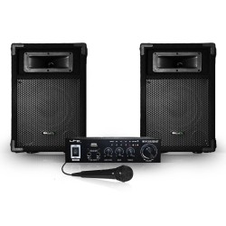 2 PA passieve speakers 8 "/ 20cm 2-weg 2x180W + 100W stereo versterker Karaoke USB / BT + MIC