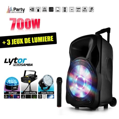Altavoz activo móvil 700W 12 "LED / USB / BT / SD / FM + micrófono + paquete Samba Lytor