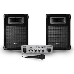 2 PA passieve speakers 8 "/ 20cm 2-weg 2x180W + 100W stereo versterker Karaoke USB / BT + MIC
