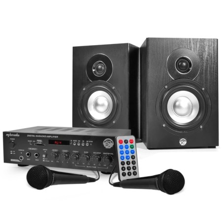 Kit KARAOKE - Ampli 2x75W + 2 Enceintes HiFi 5" + 2 Micros + Tél - MY DEEJAY MY KARAOKE