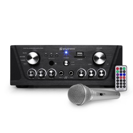 Karaoke amplificador Skytronic negro USB / SD / FM 160W + 1 Micrófono con cable de plata