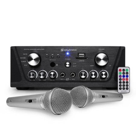 Karaoke amplificador Skytronic negro USB / SD / FM 160W + 2 platas Micrófonos con cable