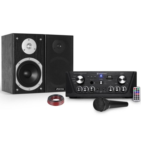 Karaoke amplificatore Skytronic USB / SD / FM 160W + 140W + 2 altoparlanti HiFi Micro nero
