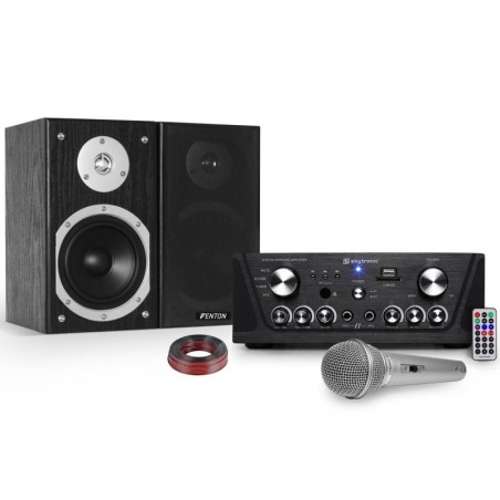 Karaoke amplificador Skytronic USB / SD / FM 160W + 140W + 2 altavoces de alta fidelidad micro plata