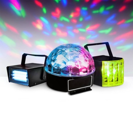 Pack 3 jeux de lumière à LEDs - 1 Mini stroboscope + 1 Dôme ASTRO + 1 effet Derby