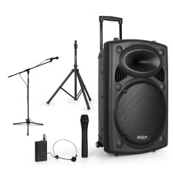 Portable Speaker PA 15 "800W - USB / BT / REC 2 VHF + pickups + Foot + Microfoonstandaard + PC-kabel