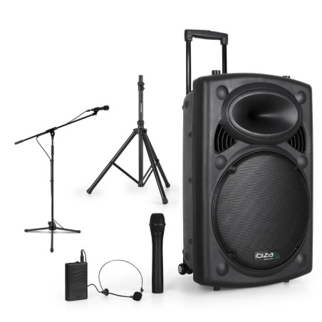 Tragbare Lautsprecher PA 15 „800W - USB / BT / REC 2 VHF + Tonabnehmer + Fuß + Mikrofonständer + PC-Kabel