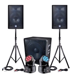 Pack sono 2400W - 2 Enceintes 30cm + Sub 46cm + Câbles + 2 Lyres à LEDs DMX RVB + BLANC 4W