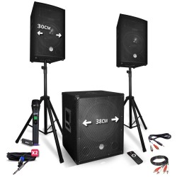 Pack sono 2200W - Reconditionné / occasion - Enceintes 12" + Caisson 15" + Pieds + Micro UHF - USB/BT + câbles
