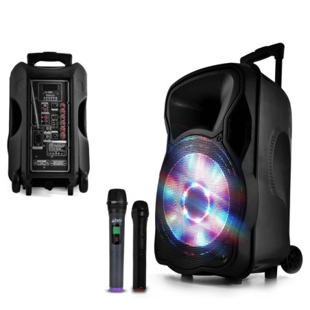 Enceinte sono mobile amplifiée 700W 12" LED/USB/BT/SD/FM + 2 micros sans-fil PARTY12