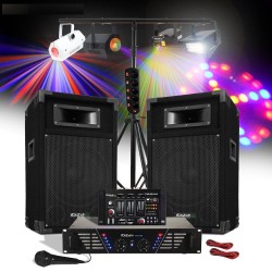 Pack sono 480W Enceintes + Ampli + Table de mixage + Mic +  Portiques + 4 jeux de lumière