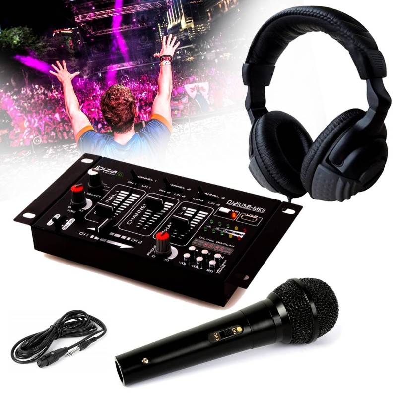Pack Sono DJ IBIZA Sound Light - Table Mixage USB/Bluetooth, Ampli 3000W, 2 Enceintes 1400W - Idéal Grands Espaces