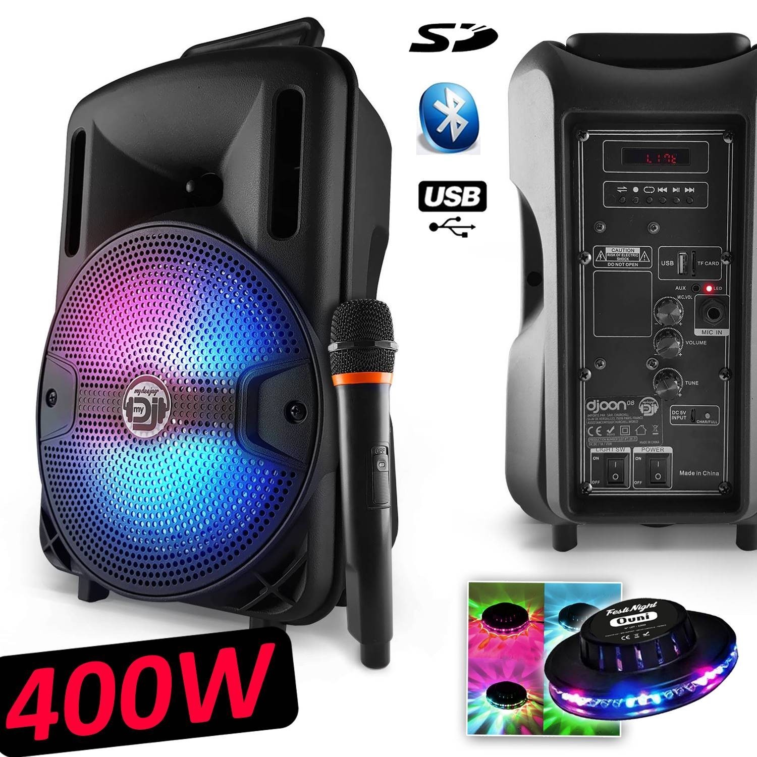 Enceinte Karaoké Portable MyDJ DJOON08 – 400W, LED RGB, Bluetooth/USB/SD – Avec Micro Et Batterie