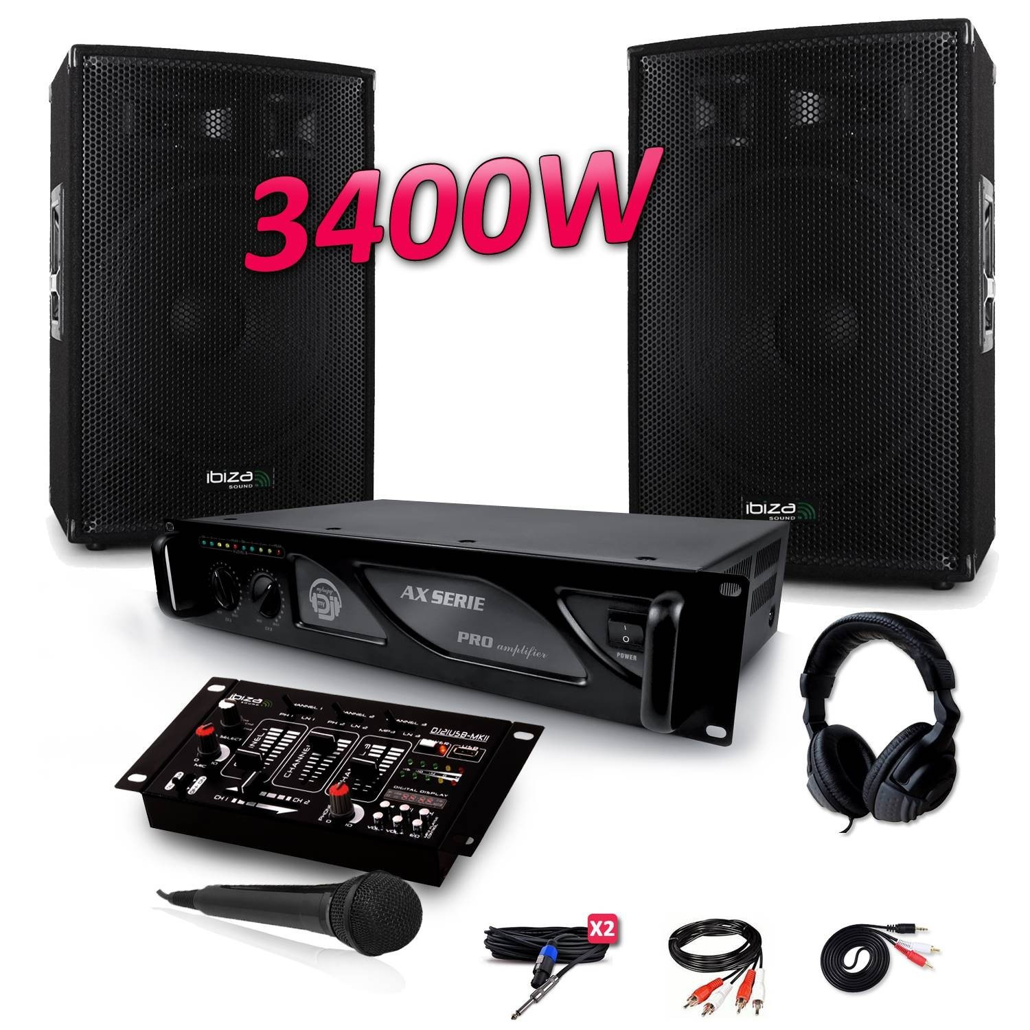 Pack DJ Complet Ibiza Sound 3200W - Enceintes, Ampli, Table Mixage, Casque