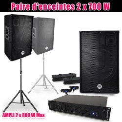 Pack SONO 2 enceintes 2x700W BM SONIC BMS-15, Amplificateur Ibiza AMP-1000 MKII, Supports pieds et câbles