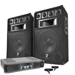 PACK SONO BOOMTONE DJ BM12 2x350 Watts + AMPLI SkyTec PRO SKY-600B, 2x 300 Watts + Câbles