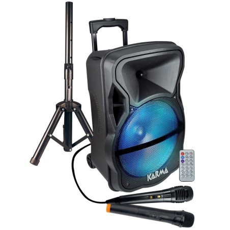 Enceinte amplifiée Karma PSB12" 600W PMPO, Mobile sur batterie, LED, 1 micro VHF, 1 filaire, USB SD Bluetooth, TWS, Support Pied