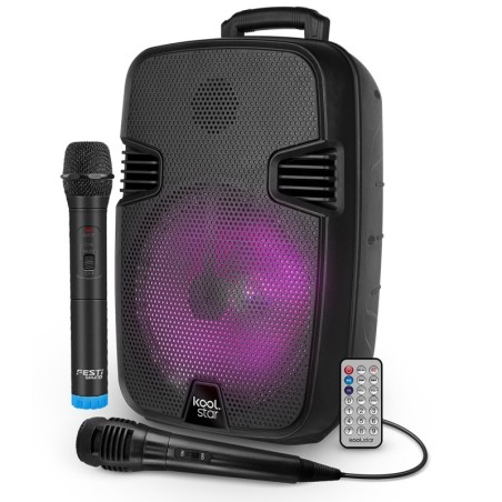 Enceinte Active sur batterie KoolStar STARLED08, 100W, Boomers 20cm à LED RVB, USB Bluetooth, 2 Microphones et télécommande
