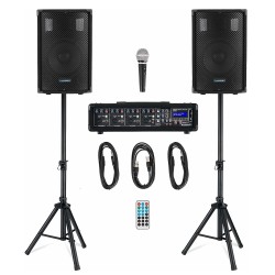 Système sonorisation complet McGrey BP-210 avec haut-parleurs 10", Supports, Table de mixage Bluetooth USB, Câblages, Microphone