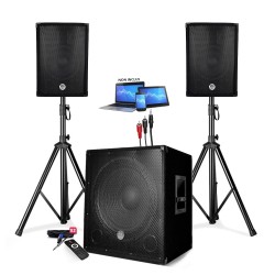 PACK SONO ENCEINTE + CAISSON DE BASSES USB Bluetooth + PIEDS + CABLES HP et PC offerts - PA DJ SONO MIX - soirée disco mobile