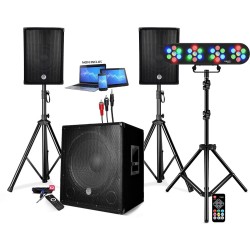 PACK SONO DJ ENCEINTE +CAISSON DE BASSES USB Bluetooth +PIEDS +CABLES HP/PC offerts, 4 PAR LED, TRÉPIED, TÉLÉCOMMANDE, PLUG&PLAY