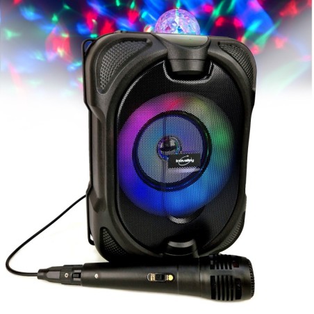 Mini-enceinte Bluetooth Innovalley DANCE-CUBE44 - 150W PMPO, sur batterie, Micro karaoké Boule kaleidoscope LED multicolores RGB