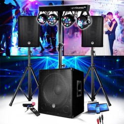 PACK SONO ENCEINTE + SUBWOOFER  1800W USB Bluetooth + PIEDS + CABLES + PORTIQUE LUMIERES - PA DJ SONO MIX Soirée disco mobile
