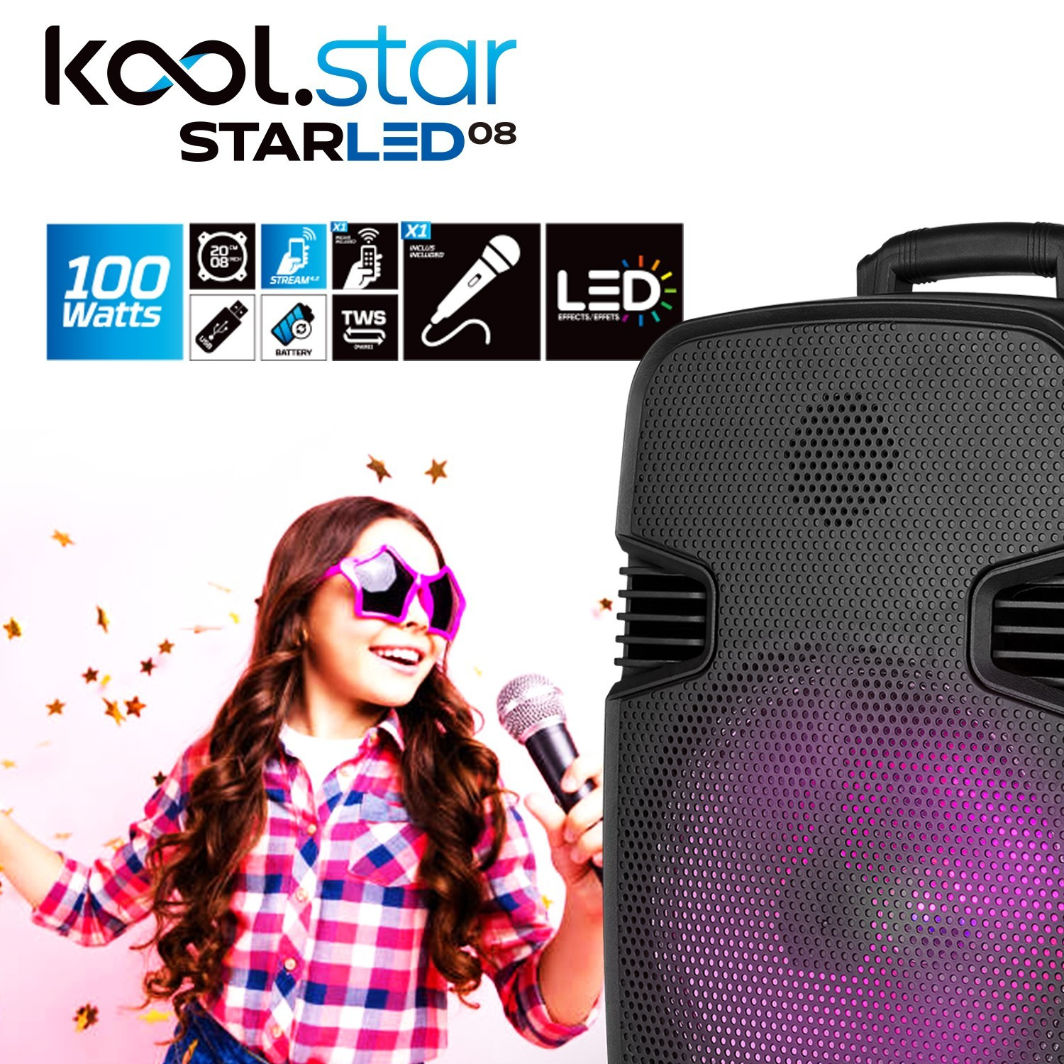 Enceinte Karaoké Portable BoomTone DJ Star Voice - Bluetooth LED + 2 Micros Sans Fil