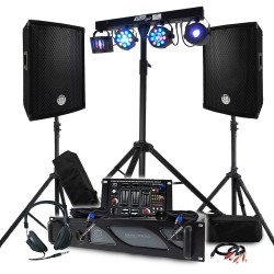 Pack Sono BM SONIC Amplificateur 1000W, Paire d'Enceintes 2x300W, Table de Mixage, Portique + 48 effets lumières EUPHORIA, Pieds