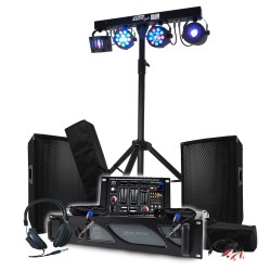 Pack Sono BM SONIC Amplificateur 1000W, Paire d'Enceintes 2x300W, Table de Mixage, Portique + 48 effets lumières EUPHORIA