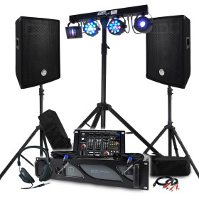 Pack Sono BM SONIC Amplificateur 1000W, Paire d'Enceintes 2x400W, Table de Mixage, Portique + 48 effets lumières EUPHORIA