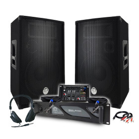 Pack Sono DJ BM SONIC Amplificateur 2000W, Paire d'Enceintes Passives 2x600W, Table de Mixage, Casque DJ, Câbles et Micro