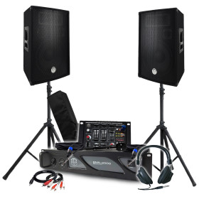 Pack Sono BM SONIC Amplificateur 2000W, Paire d'Enceintes Passives 2x600W, Table de Mixage, Pieds, Casque DJ, Câbles et Micro