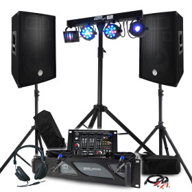 Pack Sono BM SONIC Amplificateur 2000W, Paire d'Enceintes 2x600W, Table de Mixage, Portique + 48 effets lumières EUPHORIA
