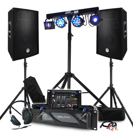 Pack Sono BM SONIC Amplificateur 2000W, Paire d'Enceintes 2x600W, Table de Mixage, Portique + 48 effets lumières EUPHORIA