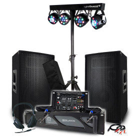 Pack Sono 3200W BM SONIC Ampli 2000W, Paire d'Enceintes Passives 2x600W, Table de Mixage, Portique 4 Lumières Xperformer