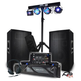 Pack Sono 3200W BM SONIC Amplificateur 1000W, Paire d'Enceintes 2x400W, Table de Mixage, Portique + 48 effets lumières EUPHORIA