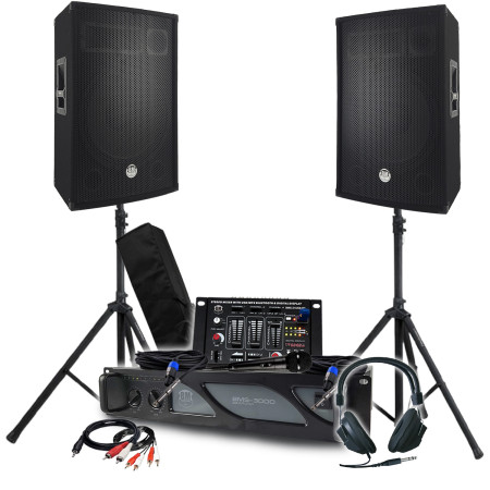 Pack Sono BM SONIC Amplificateur 3000W, Paire d'Enceintes Passives 2x700W, Table de Mixage, Pieds, Casque DJ, Câbles et Micro