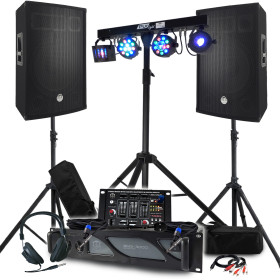 Pack Sono BM SONIC 4400W Amplificateur 3000W, Enceintes Passives 15" Table de Mixage, Euphoria Portiques + 48 effets lumière