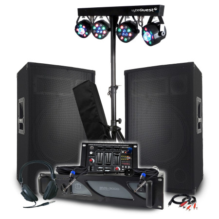 Pack Sono BM SONIC : Amplificateur 3000W, Paire d'Enceintes Passives 2x700W, Table de Mixage, Portiques 8 Lumières Xperformer