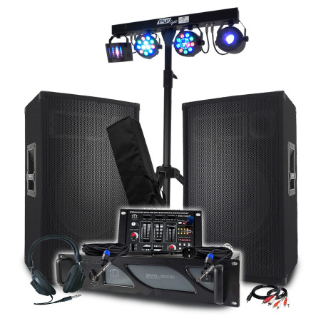 Pack Sono BM SONIC : Amplificateur 3000W, Enceintes Passives 2x700W, Table de Mixage, Euphoria Portiques + 48 effets lumière
