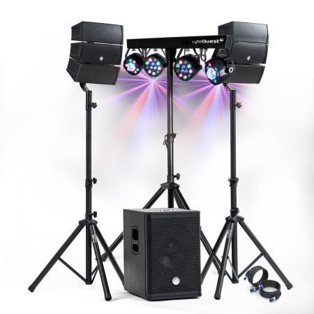 Pack Sono DJ 1000W complet BM SONIC BMS-12-ARRAY-BT Enceintes +SUB 31cm USB/Bluetooth, Câbles, Eclairage LED Bar Salle des fêtes