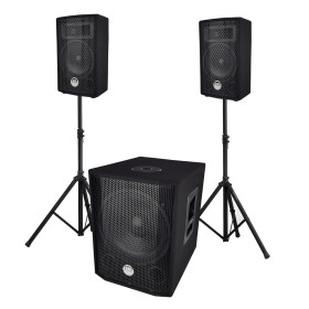 Système Sono triphonique BM SONIC BMS 1208, Caisson bi-amplifié 1000W - USB Bluetooth, 30cm, Satellites 8" 2x200W, câbles, pieds