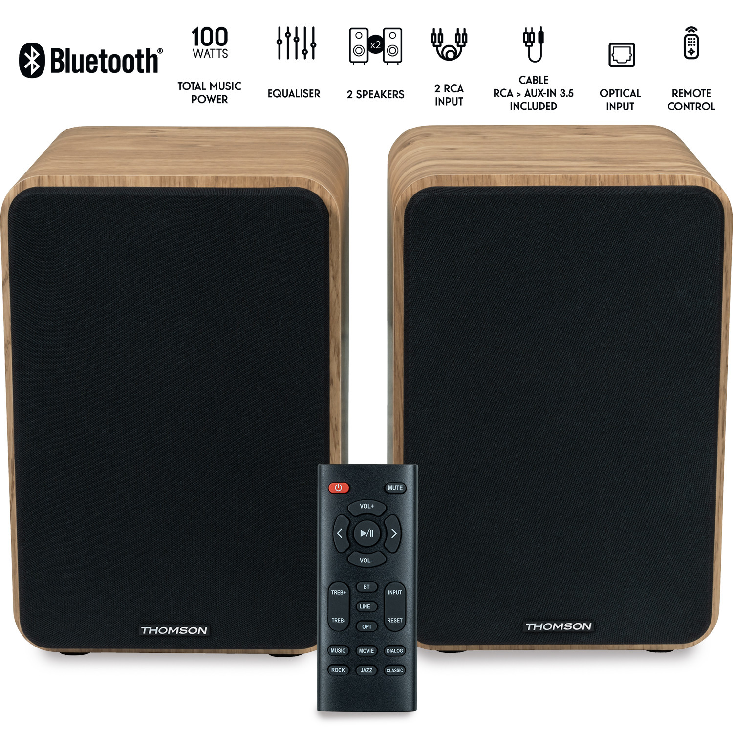 Enceintes Thomson COSY WS602DUO - Bluetooth 5.0 Stéréo - Bois - RCA Et Optique - 2 Ans Garantie