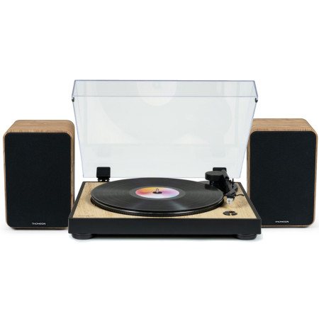 Tourne Disque Pré-amplifié Thomson TT300 Finition BOIS/NOIR - 33/45 tours, Lecture et retour du bras auto. Enceintes Bois 100W