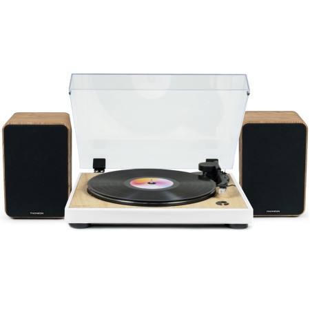Tourne Disque Pré-amplifié Thomson TT301 Finition BOIS/Blanc - 33/45 tours, Lecture et retour du bras auto. Enceintes Bois 100W